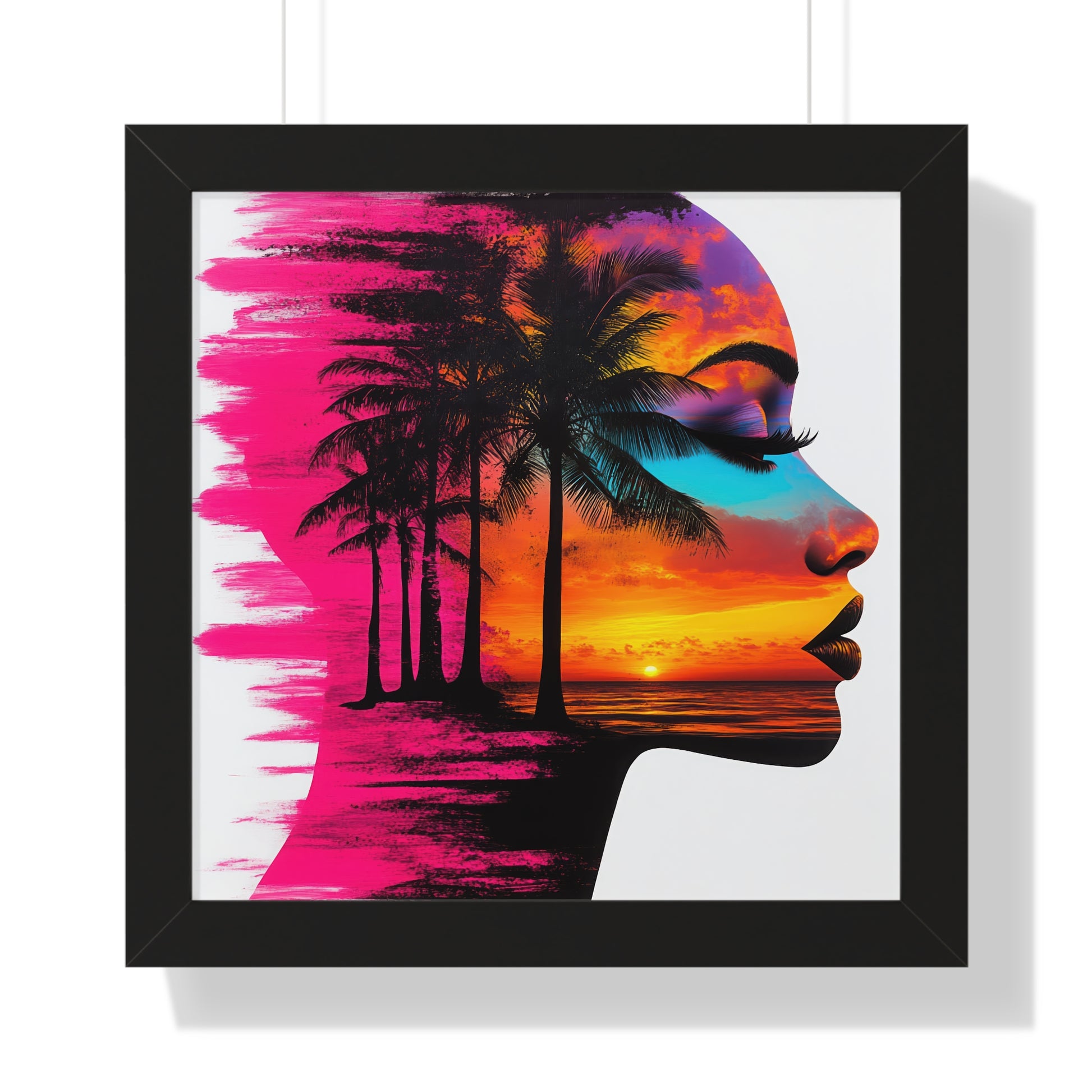 Tropical Sunset Silhouette Wall Art featuring a vibrant sunset with palm trees and a female profile, framed in durable black MDF."