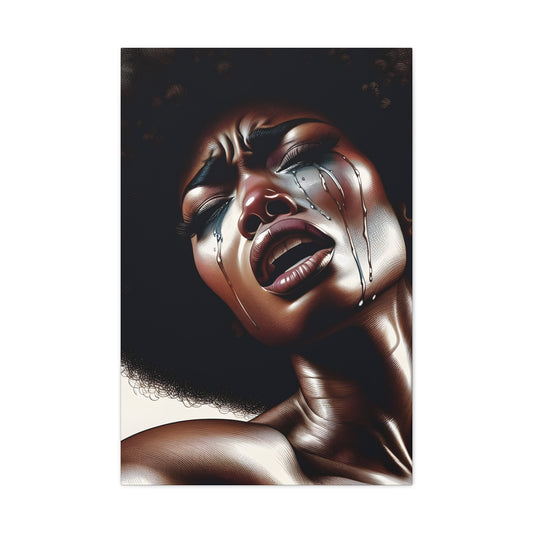 Soulful Expression: Pain in My Tears - Unique African Art Canvas featuring a powerful, emotional portrait of a Black woman with tears streaming down her face, showcasing raw emotion and intense beauty.