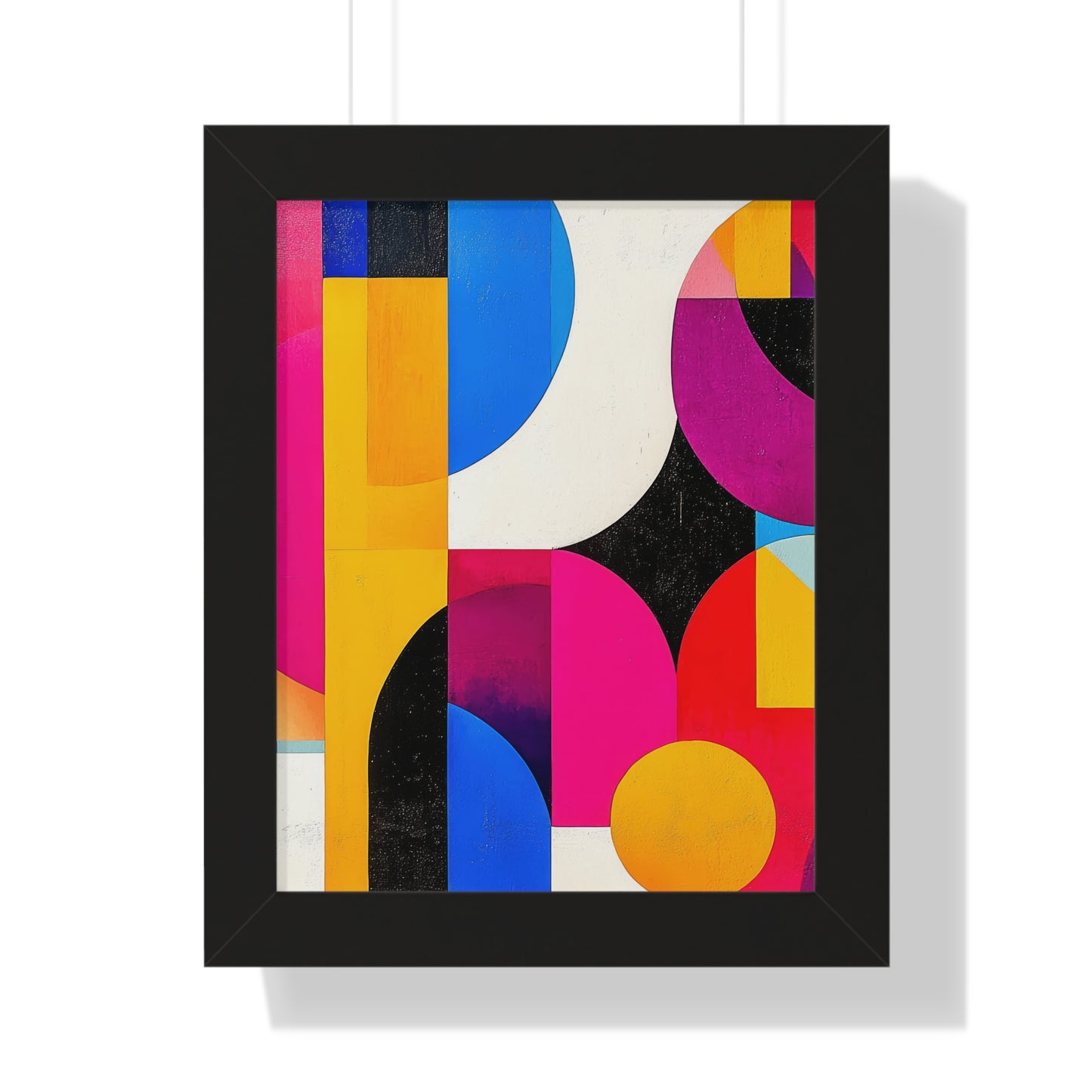 Colorful Geometric Framed Wall Art with bold abstract patterns in pink, yellow, blue, black, and white, framed with durable black MDF.