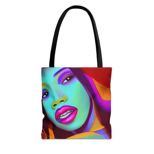 A vibrant tote bag featuring a colorful, abstract portrait of a woman with prominent, expressive eyes and full lips in a gradient of rainbow hues | EbMerized Creations