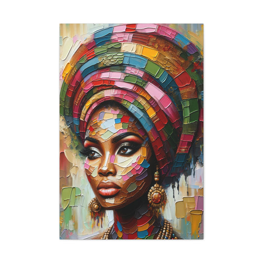 Vibrant portrait of an African queen with a colorful mosaic headwrap and ornate earrings, exuding elegance and cultural richness on canvas | EbMerized Creations