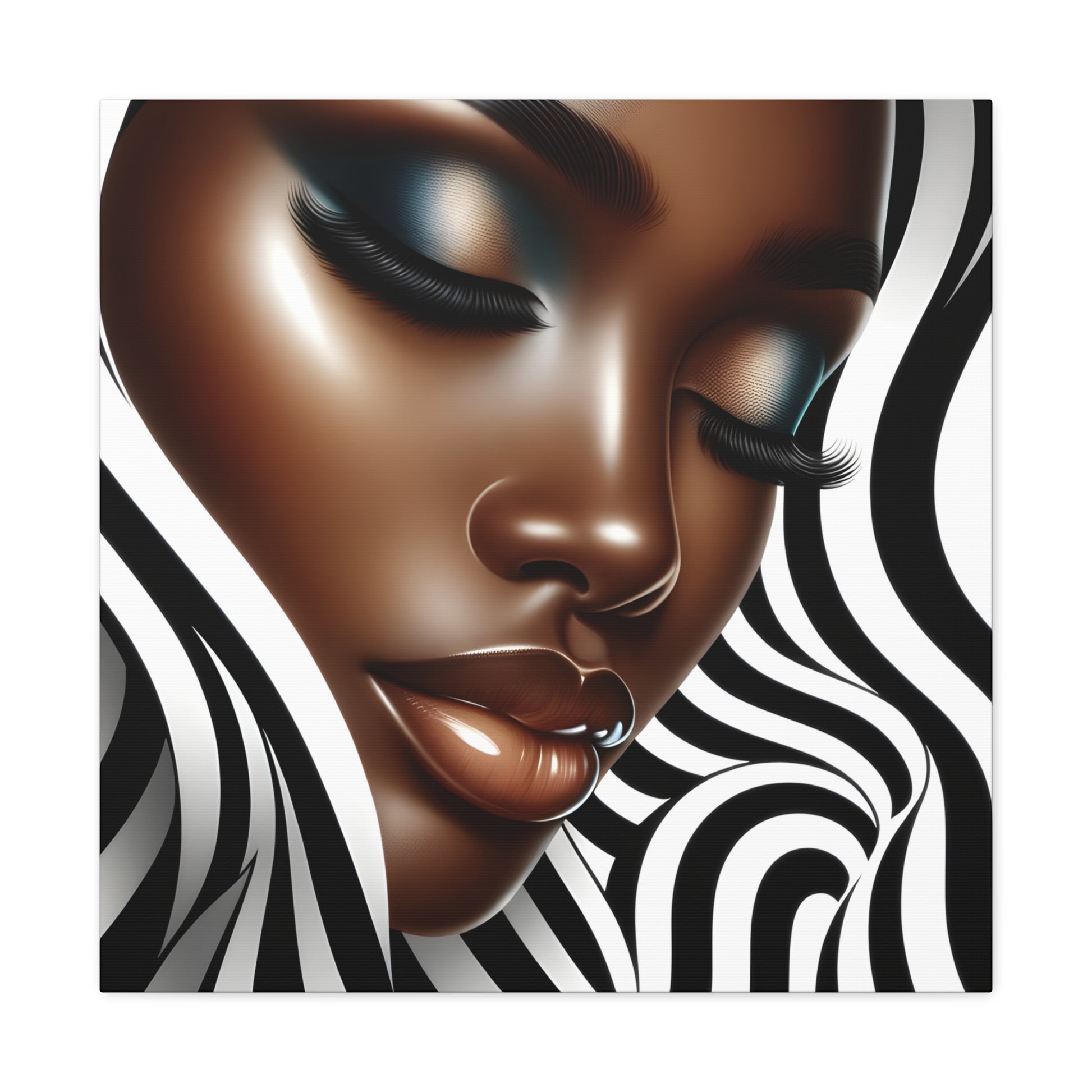 Digital art of an African American woman's serene face with wavy black and white patterns in the background, highlighting her striking features | EbMerized Creations