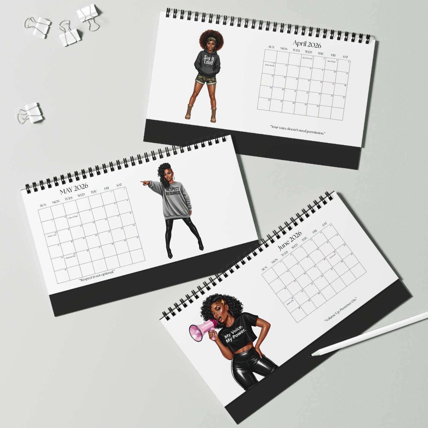 Three calendar pages showing illustrations of a woman with different poses on a gray background.