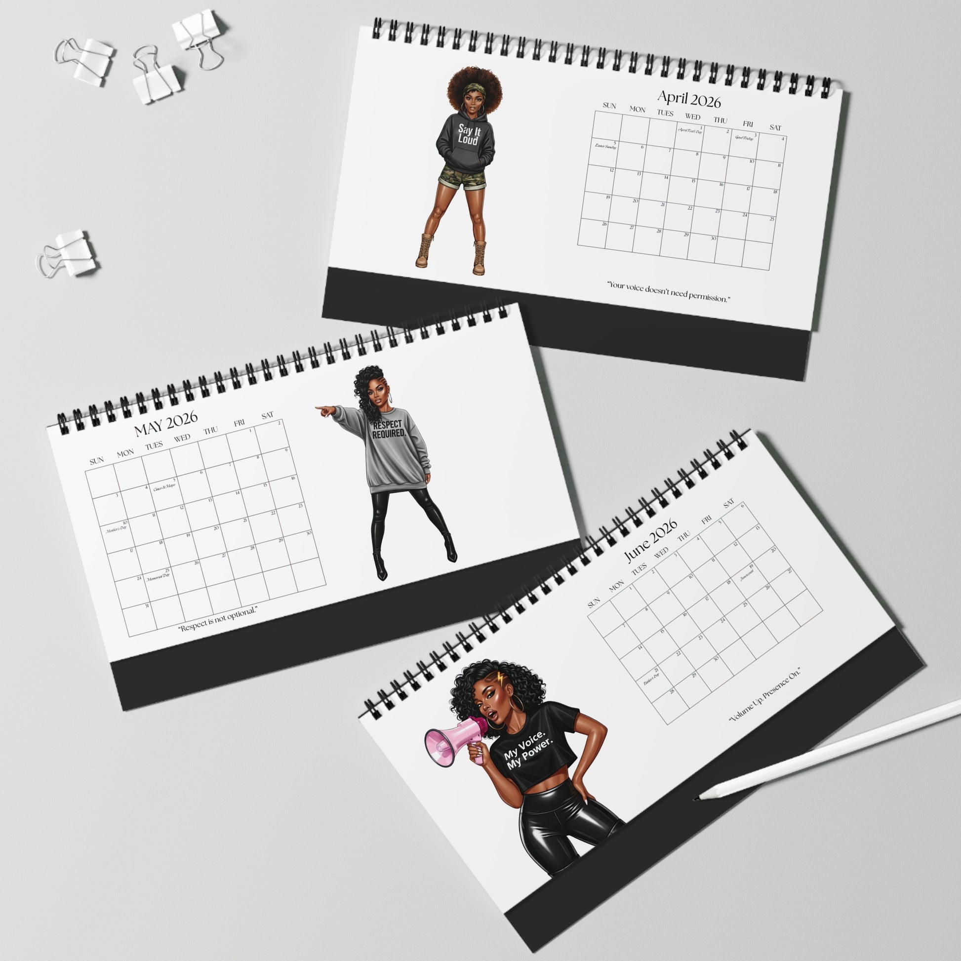 Three calendar pages showing illustrations of a woman with different poses on a gray background.