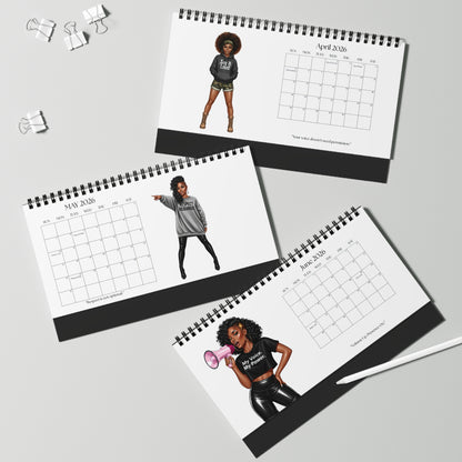 Three calendar pages showing illustrations of a woman with different poses on a gray background.