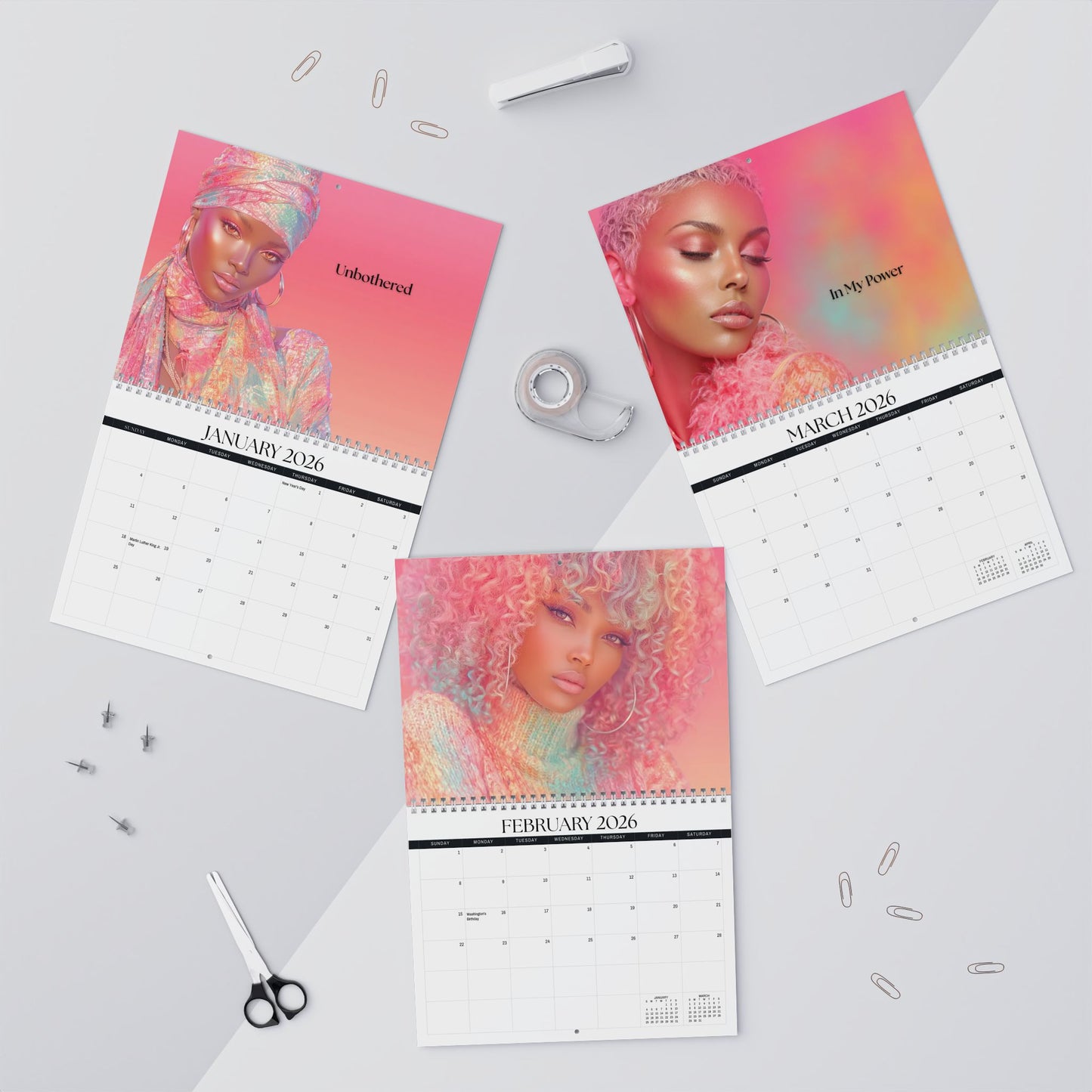 Three calendar pages for January, February, and March 2026 with colorful portraits on a light gray background.