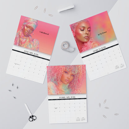 Three calendar pages for January, February, and March 2026 with colorful portraits on a light gray background.