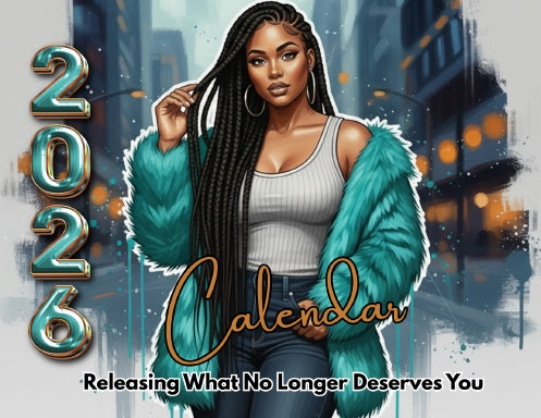 Releasing What No Longer Deserves You 2026 art calendar cover featuring Afrocentric artwork
