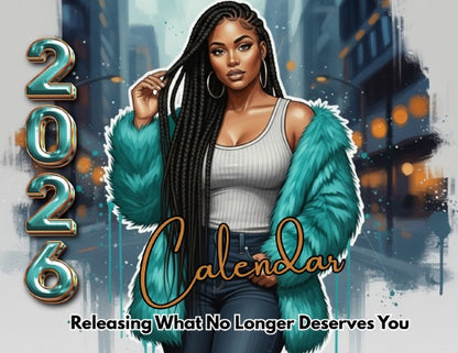 Releasing What No Longer Deserves You 2026 art calendar cover featuring Afrocentric artwork