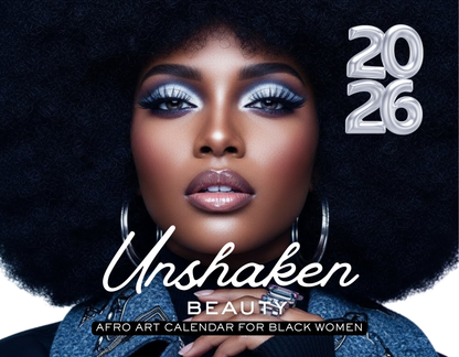 Unshaken Beauty 2026 Afro art calendar cover featuring a bold portrait of a Black woman