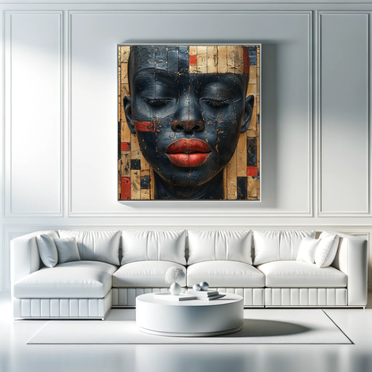 Unique African Woman Canvas Art: Bold Red Lips and Closed Eyes Design