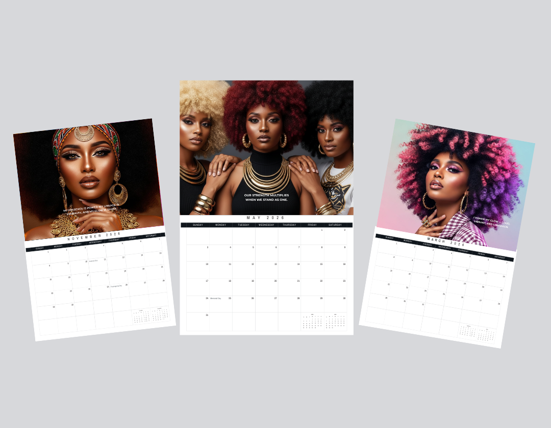 Interior preview showing select months from the Unshaken Beauty 2026 art calendar