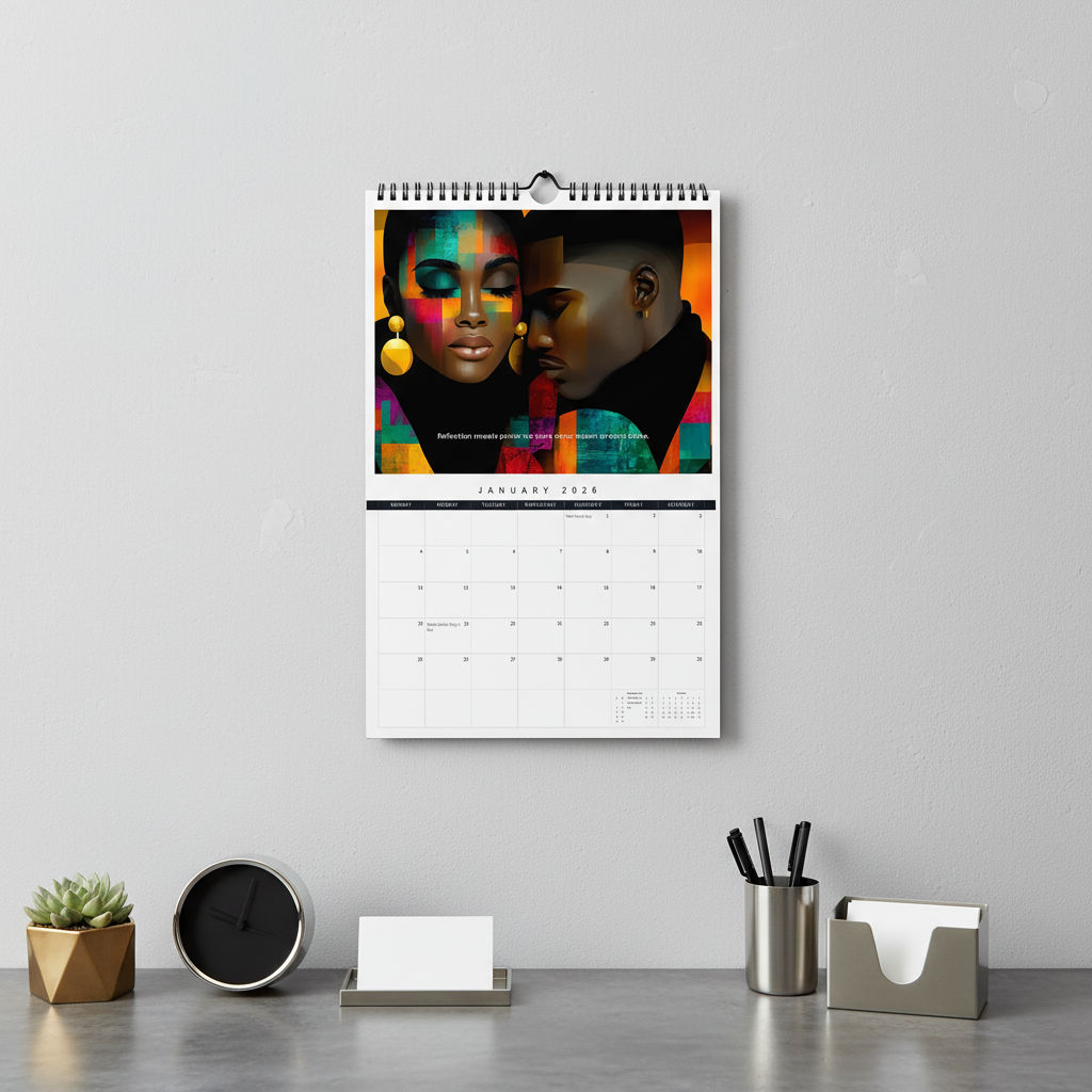 Reflections of Us 2026 art calendar displayed in a modern home office wall mockup