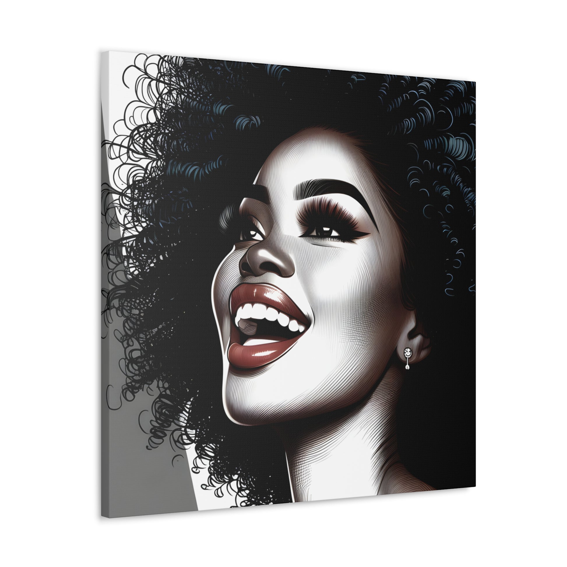 Illustration of a joyful African-American woman with a large curly afro, sparkling earring, and bright makeup, exuding happiness and style | EbMerized Creations