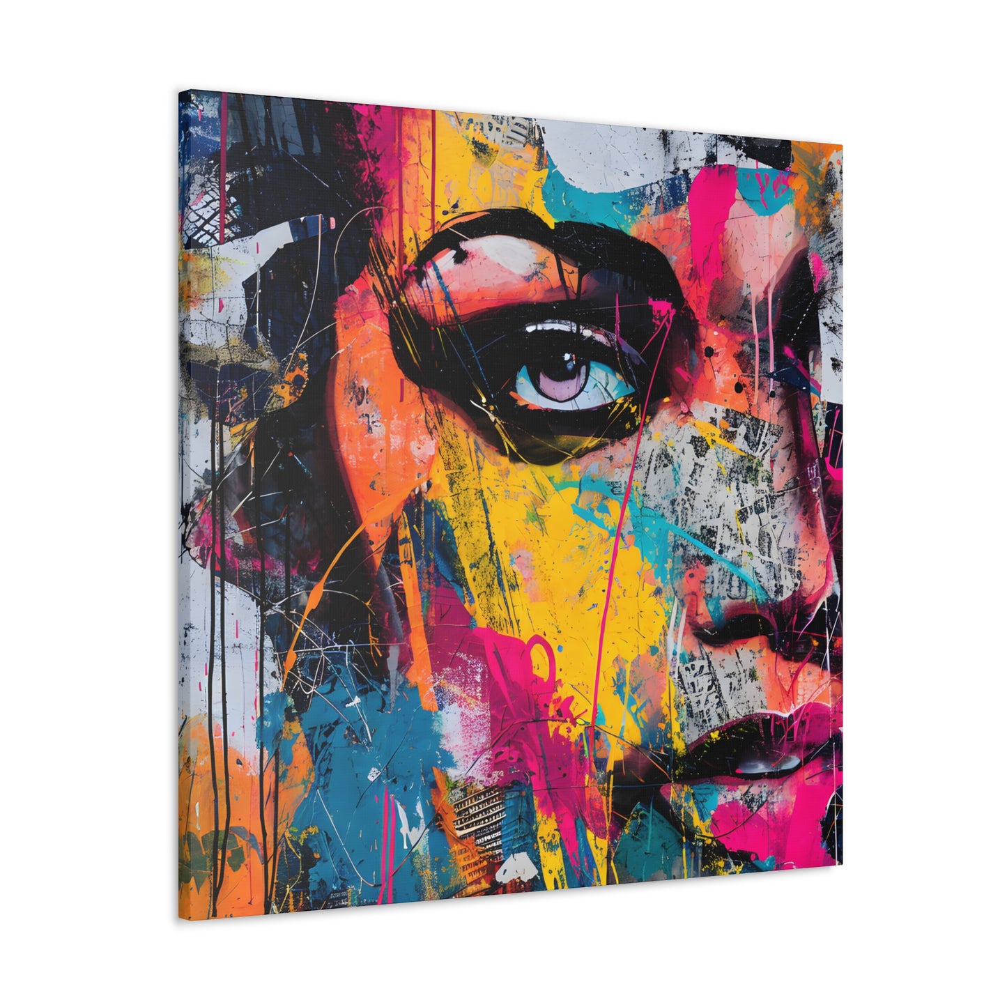 Abstract portrait with bold splashes of yellow, pink, and blue, featuring a singular eye that conveys a gaze full of intent and mystery | EbMerized Creations