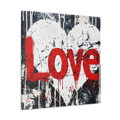 Canvas art featuring the word 'LOVE' in dripping red paint over a textured black and white background, symbolizing passion with a grunge aesthetic