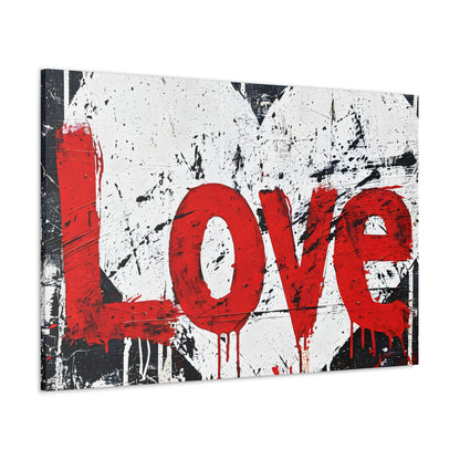 Canvas art featuring the word 'LOVE' in dripping red paint over a textured black and white background, symbolizing passion with a grunge aesthetic