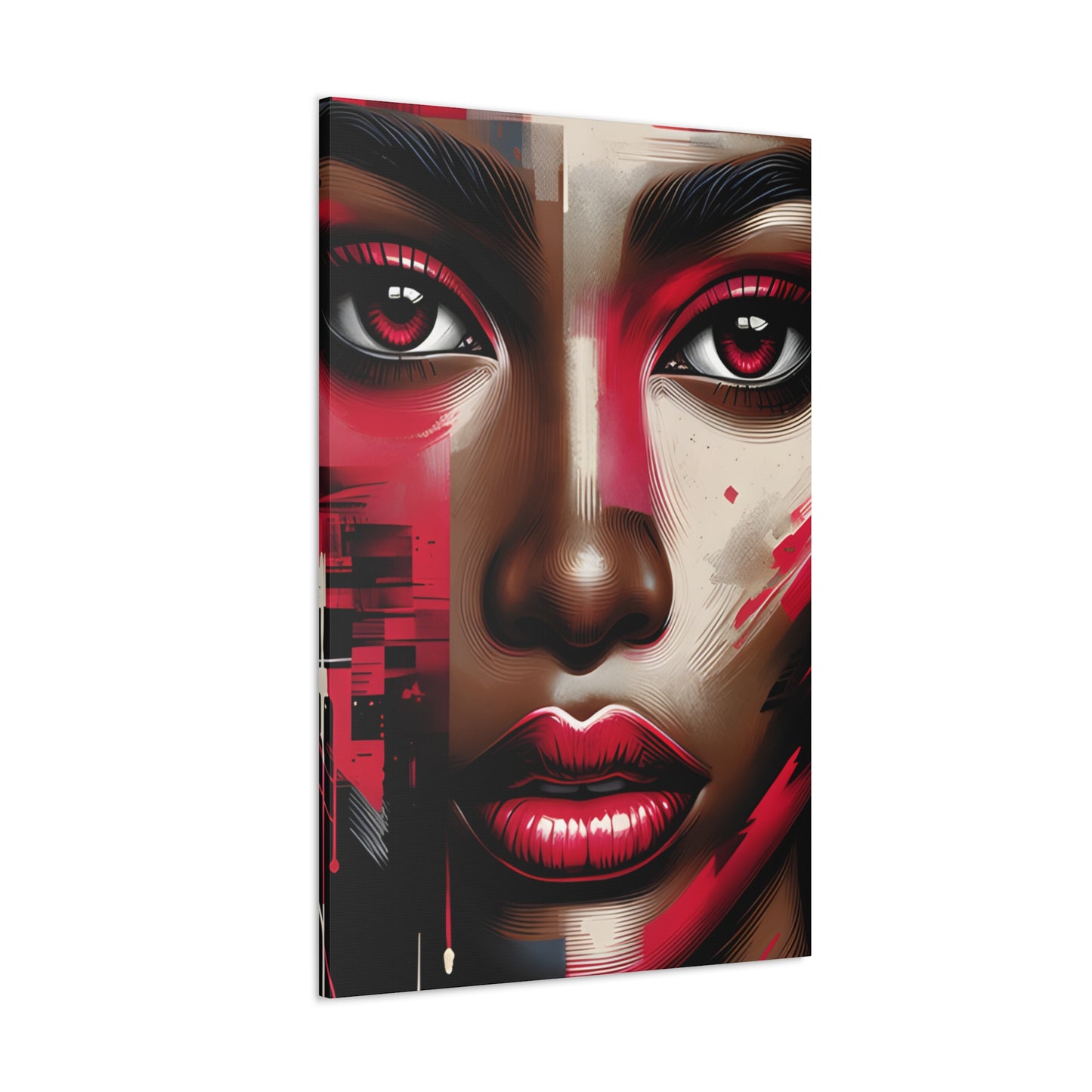 Digital portrait of an African American woman with striking red and pink hues on her face, dramatic red eyeshadow, and a captivating gaze, set against a street art backdrop with a drip effect. | EbMerized Creations