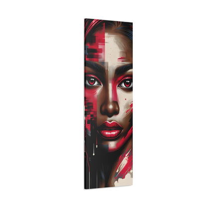 Digital portrait of an African American woman with striking red and pink hues on her face, dramatic red eyeshadow, and a captivating gaze, set against a street art backdrop with a drip effect. | EbMerized Creations