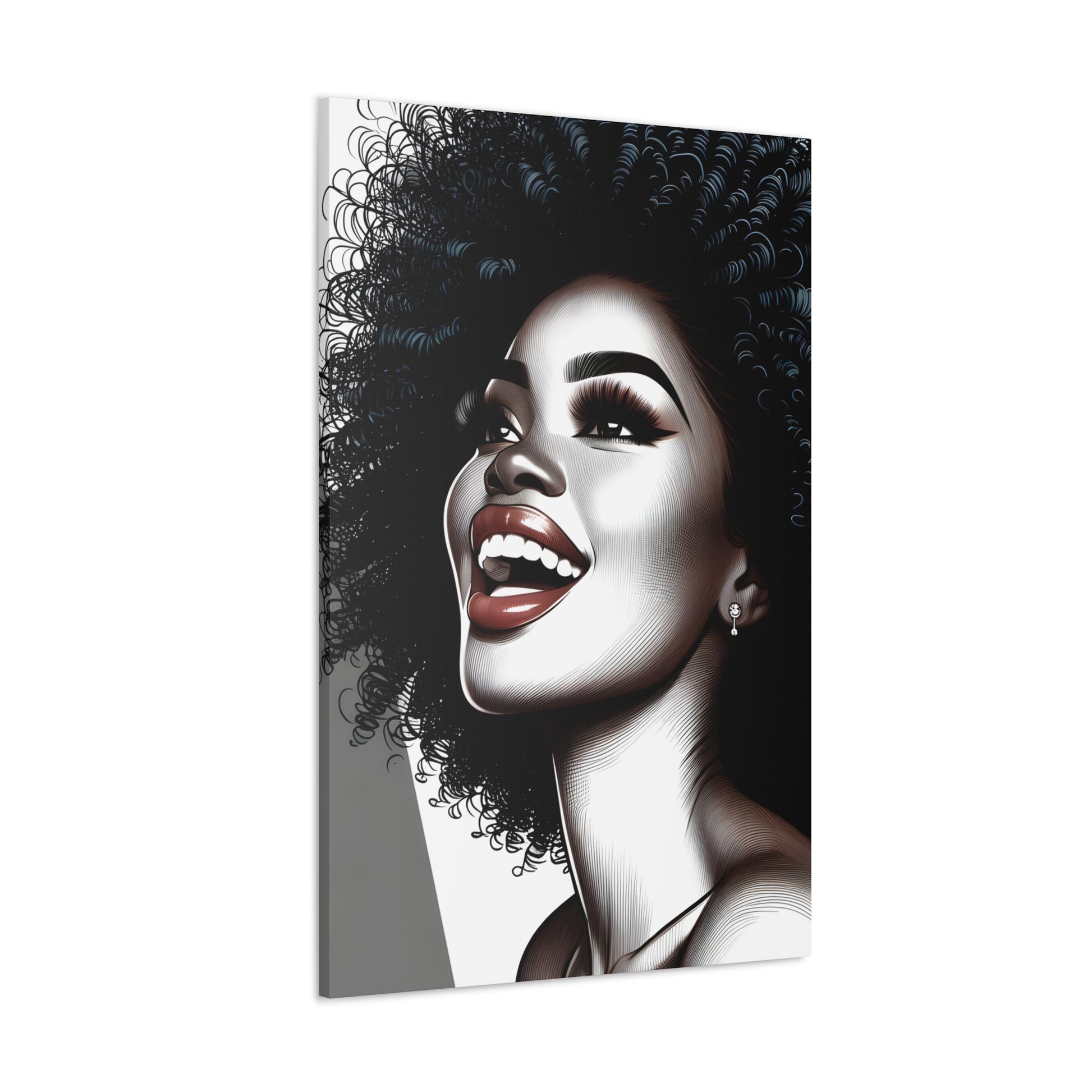 Illustration of a joyful African-American woman with a large curly afro, sparkling earring, and bright makeup, exuding happiness and style | EbMerized Creations