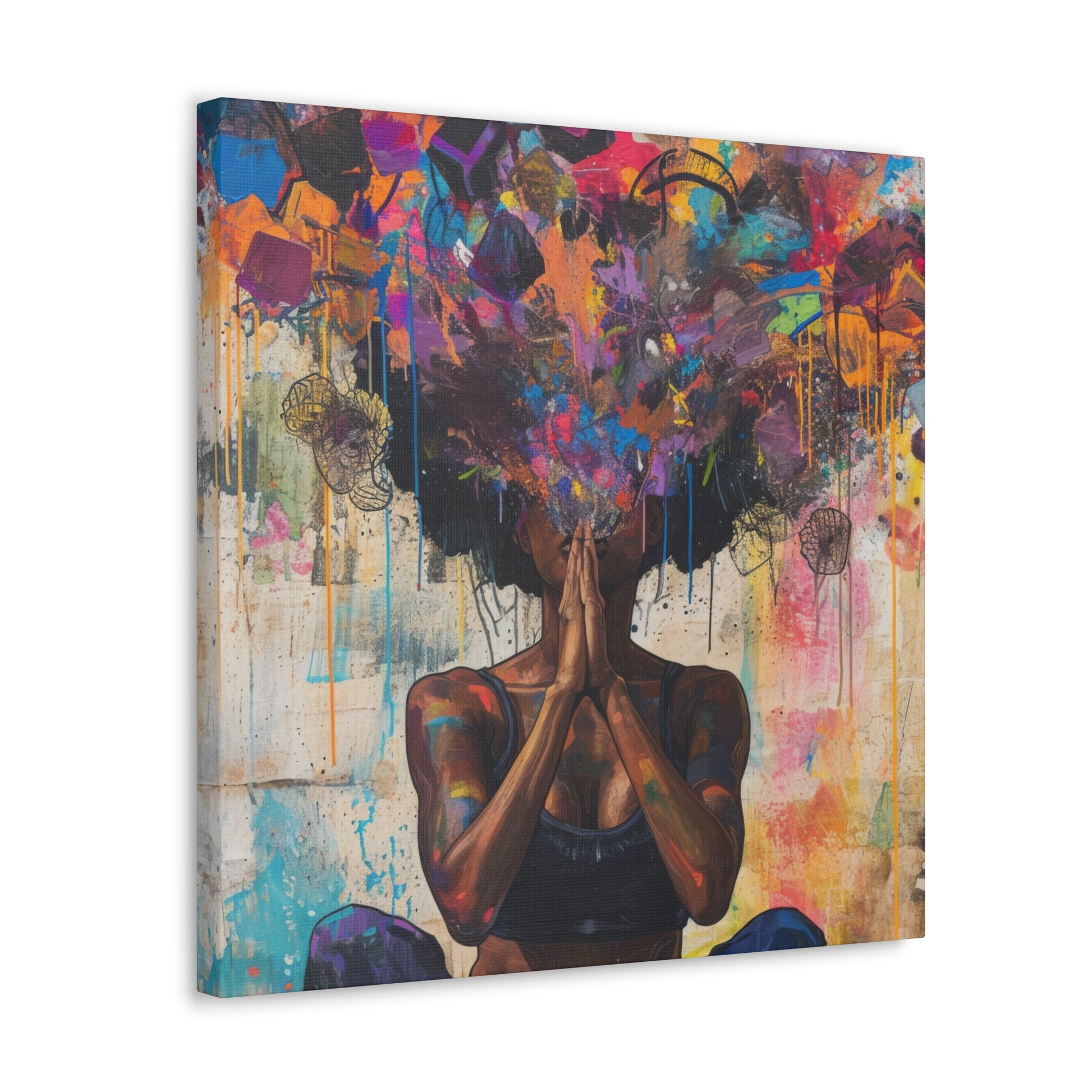 Abstract art of a woman in meditation, with a vibrant explosion of colorful shapes emanating from her head, symbolizing peaceful thoughts and creativity | EbMerized Creations