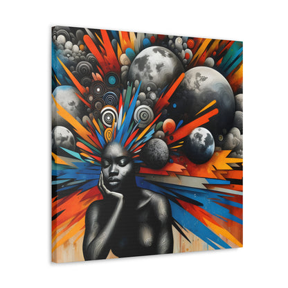 Digital art of a contemplative African woman against a vibrant cosmic backdrop with planets and a burst of orange, blue, and gray abstract elements | EbMerized Creations