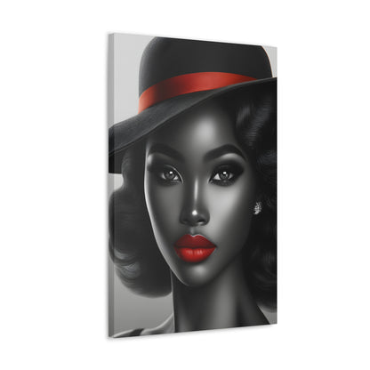 Stunning monochrome portrait of an African American woman with classic Hollywood glamour, highlighted by a red hat band and glossy red lips | EbMerized Creations