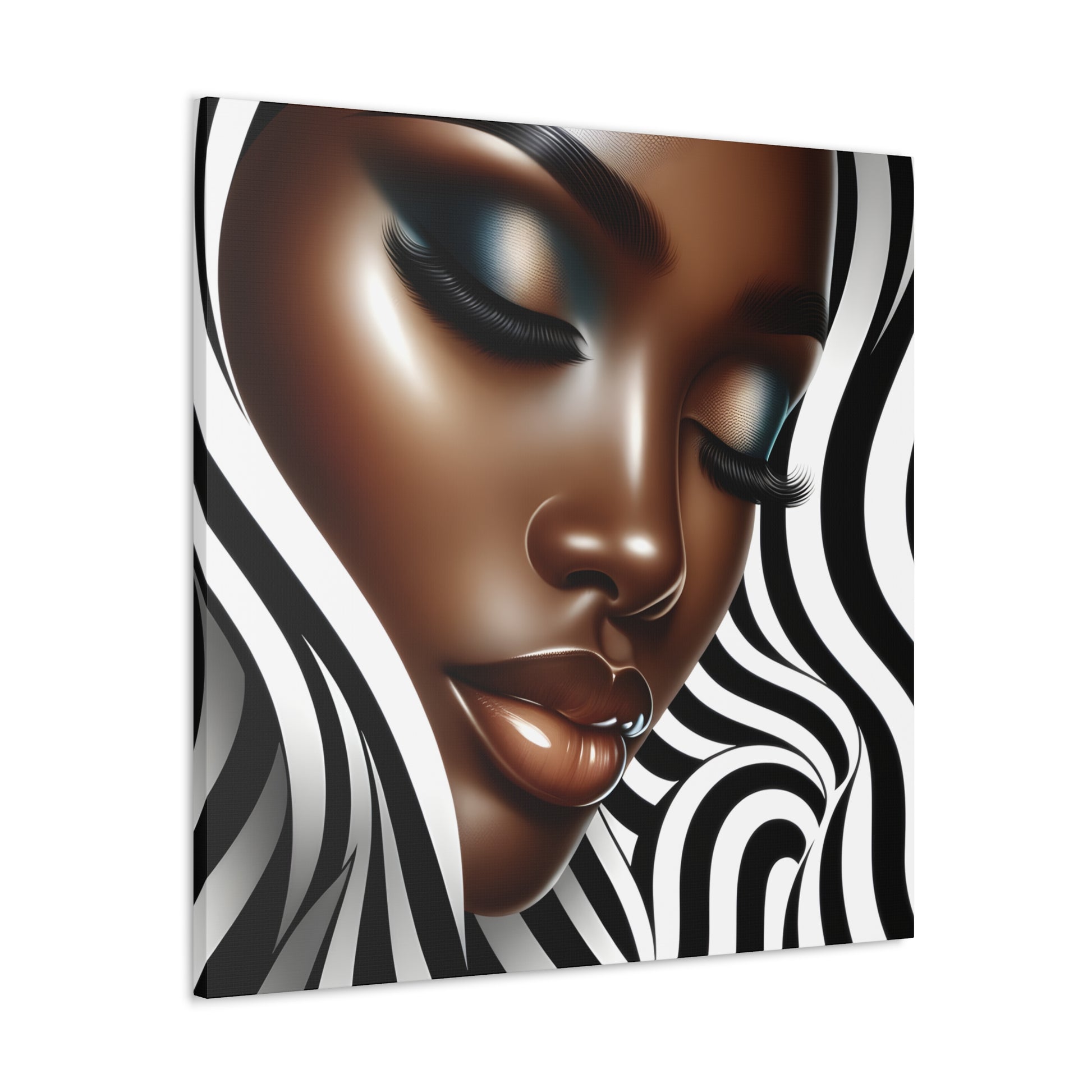 Digital art of an African American woman's serene face with wavy black and white patterns in the background, highlighting her striking features | EbMerized Creations