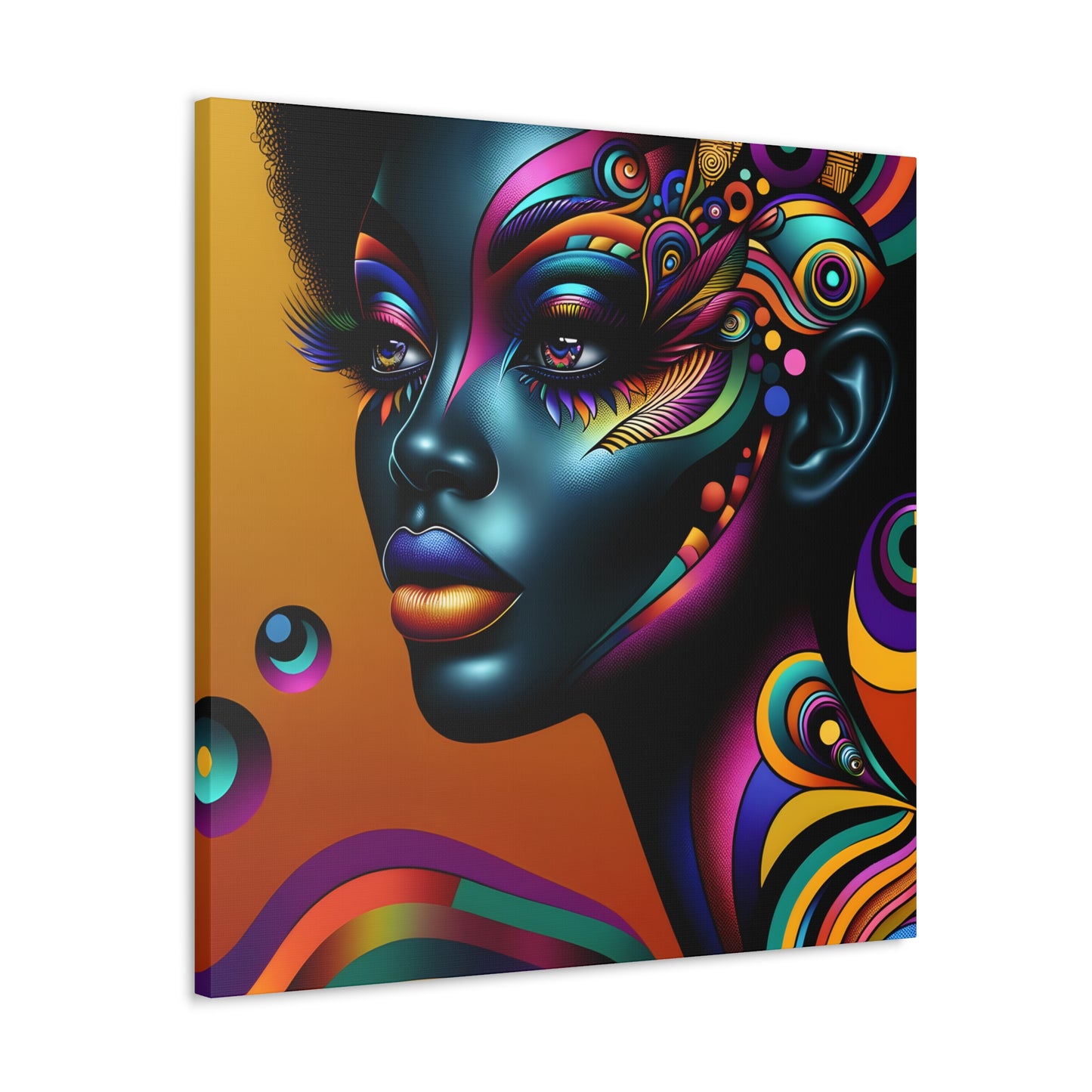 Artistic portrayal of an African American woman with a colorful, psychedelic pattern on her face against a warm orange background | EbMerized Creations