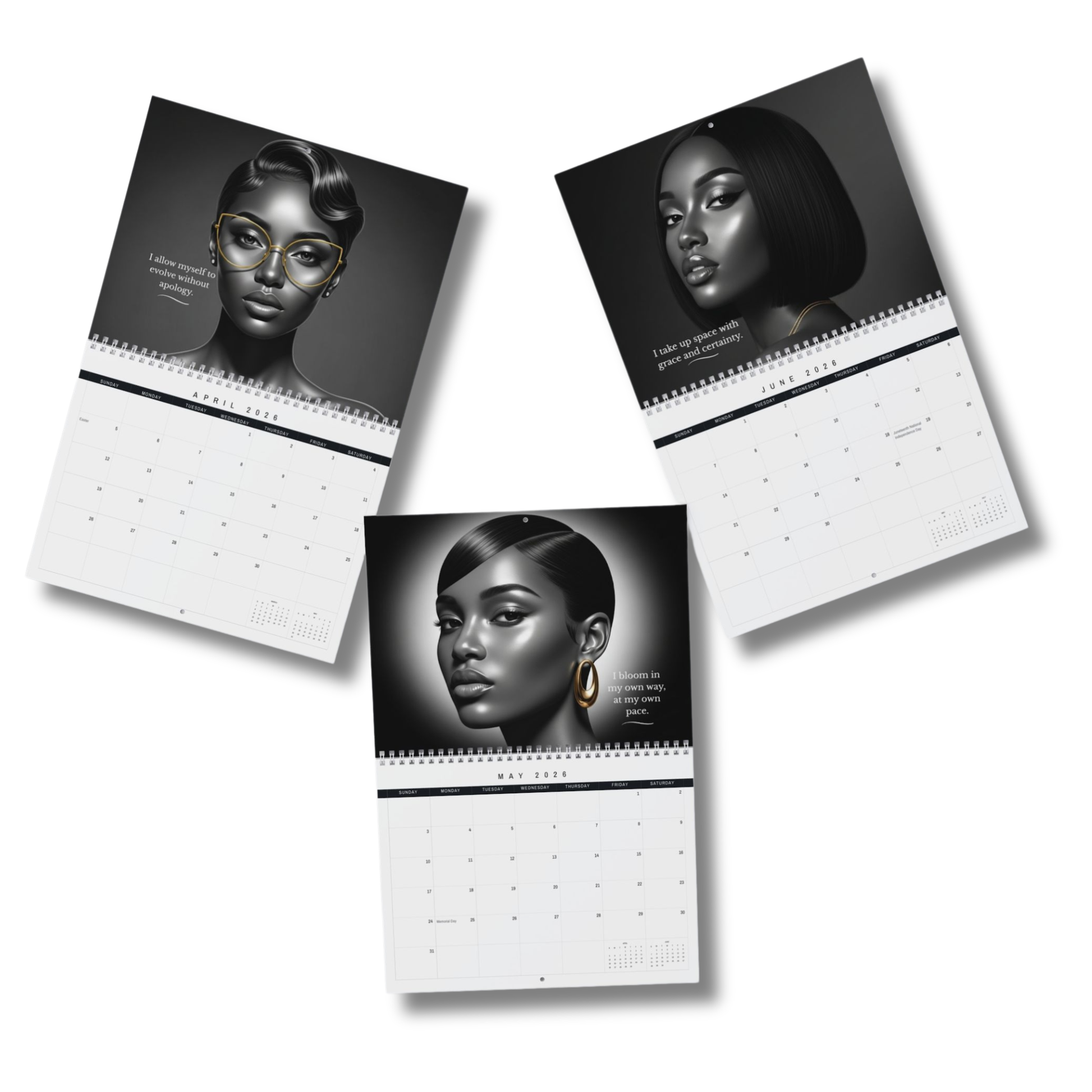 Three calendar pages featuring black and white portraits on a white background with a calm pose and luxury minimalist aesthetic