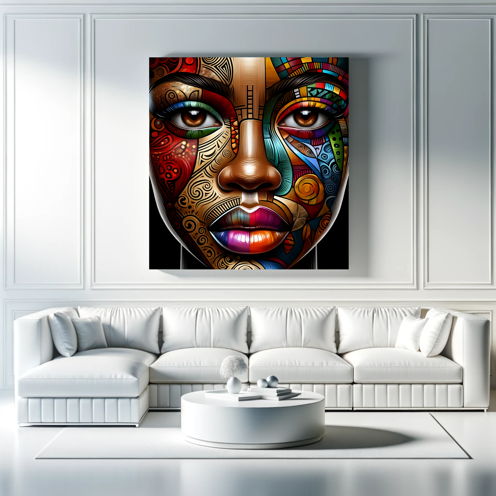 Vibrant, detailed digital art of a stylized face with a rich tapestry of patterns and colors, highlighting intricate tribal motifs in a modern portrait | EbMerized Creations