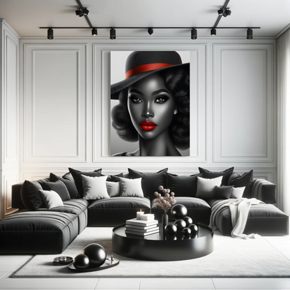 Stunning monochrome portrait of an African American woman with classic Hollywood glamour, highlighted by a red hat band and glossy red lips | EbMerized Creations