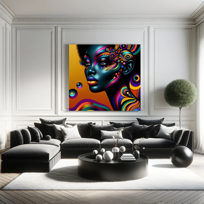 Artistic portrayal of an African American woman with a colorful, psychedelic pattern on her face against a warm orange background | EbMerized Creations