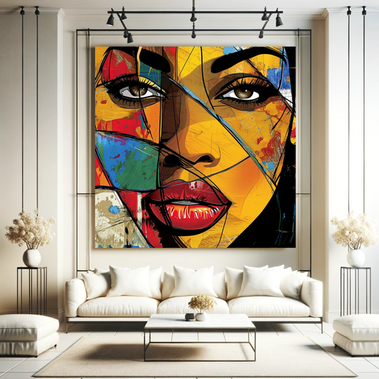 Vibrant digital art portrait featuring a mosaic of bold colors and sharp lines, showcasing a woman's face with intense eyes and full lips. Unique blend of abstraction and realism | EbMerized Creations