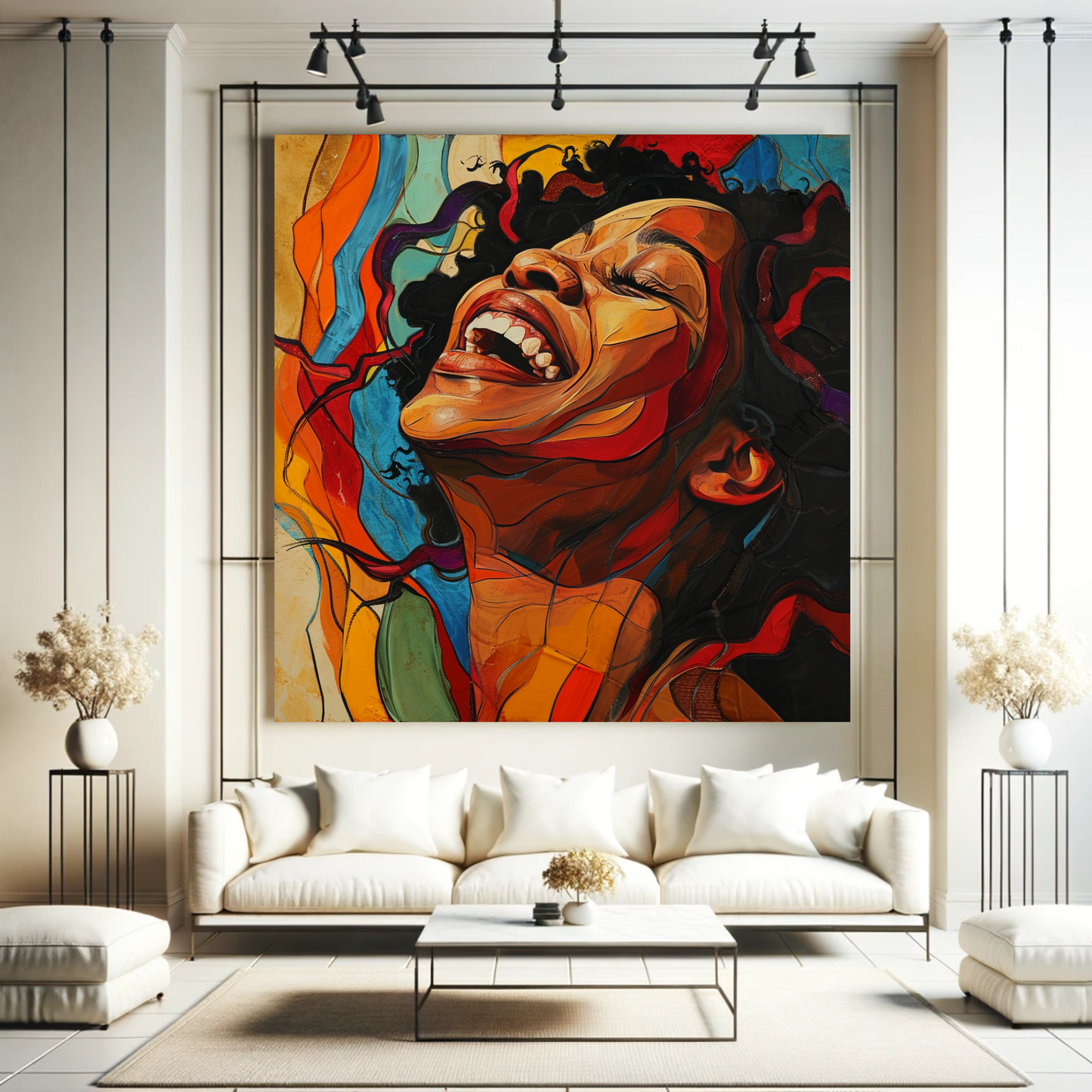 Joyful abstract portrait with a woman laughing, her head thrown back, amidst a swirl of vibrant, flowing colors, conveying a sense of pure bliss | EbMerized Creations