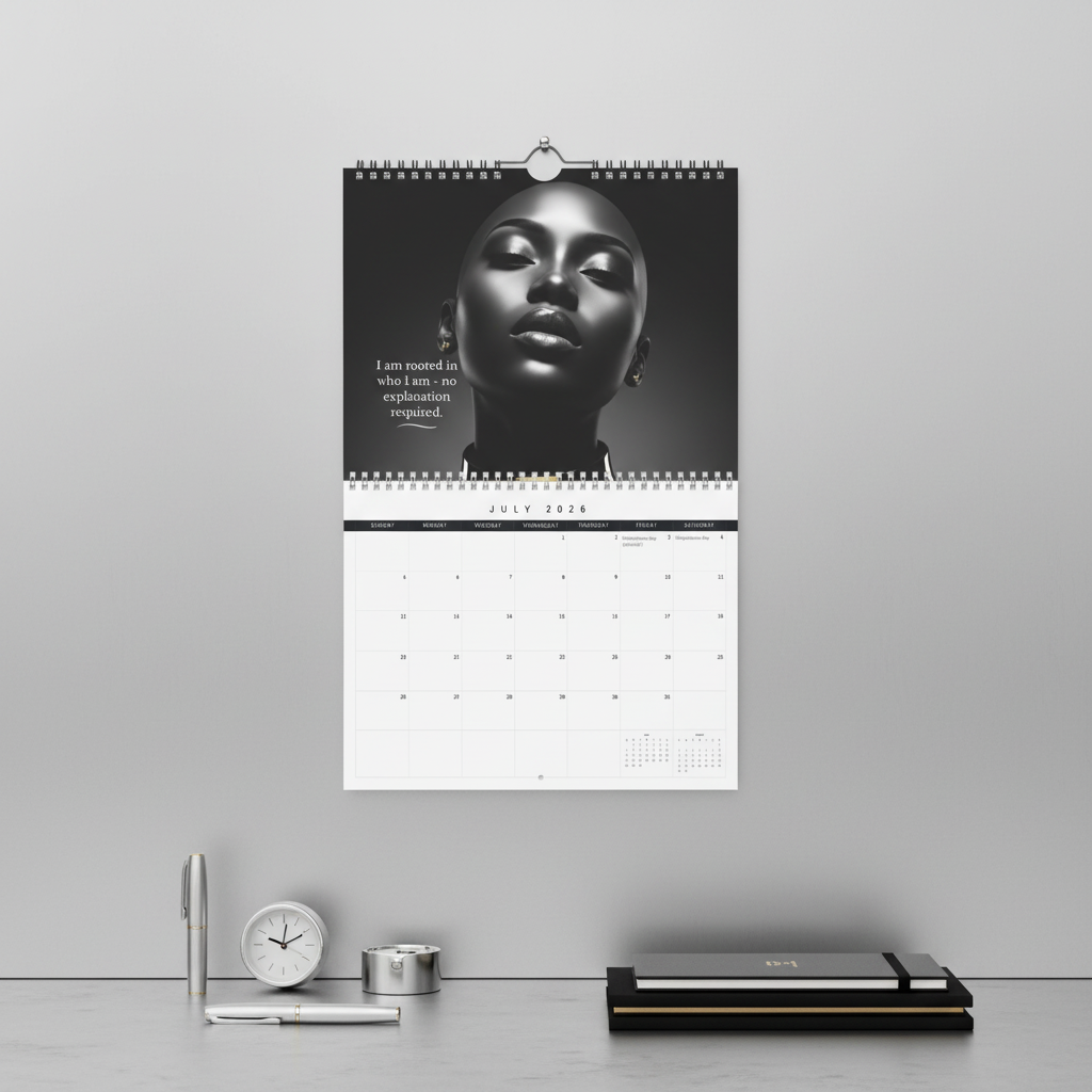 Black and white editorial portrait of a Black woman with smooth airbrushed skin and gold earrings from the I Trust the Timing of My Life 2026 calendar